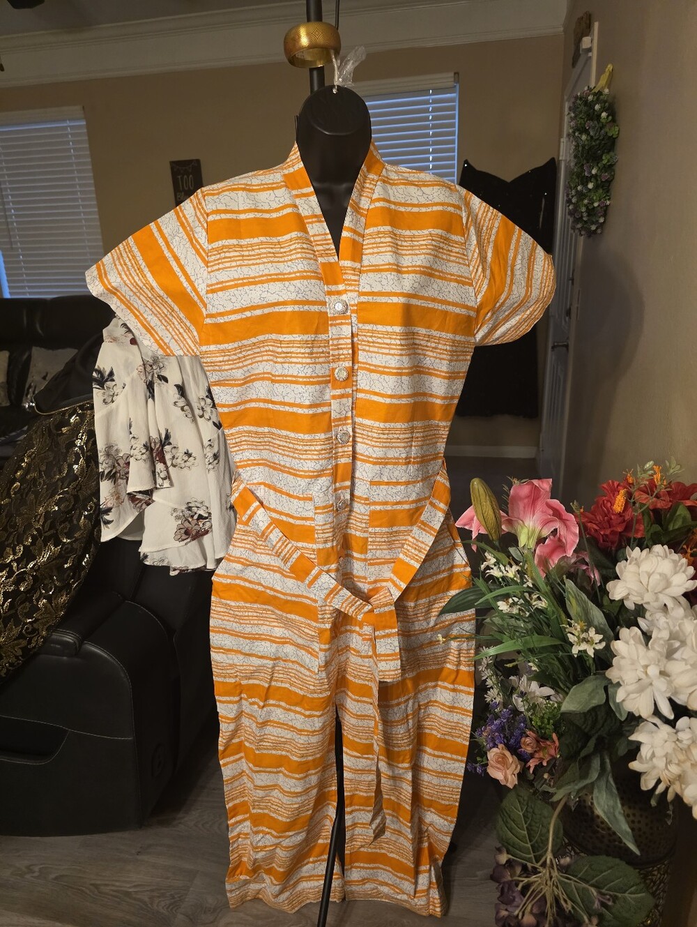 Striped Orange Short-Sleeve Tie-Waist Jumpsuit